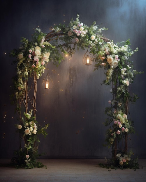 There is a floral arch with lanterns and flowers on it generative ai