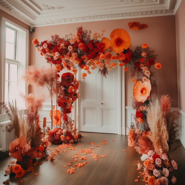There is a floral arch with orange flowers and orange fan generative ai