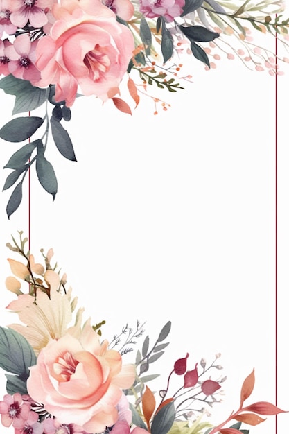 There is a floral frame with pink flowers and green leaves generative ai