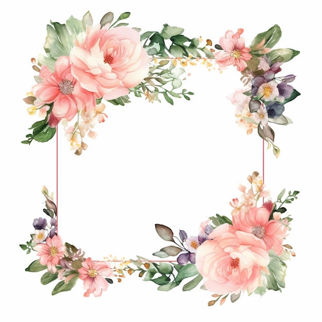 There is a floral frame with pink flowers and green leaves generative ai