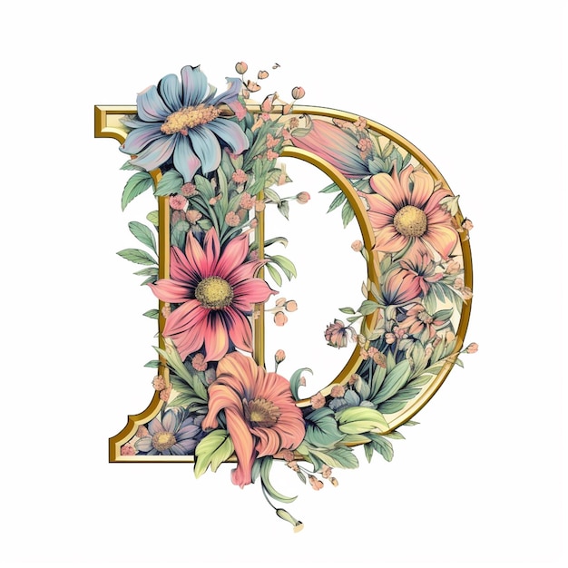 Photo there is a floral letter d with a gold frame and flowers generative ai