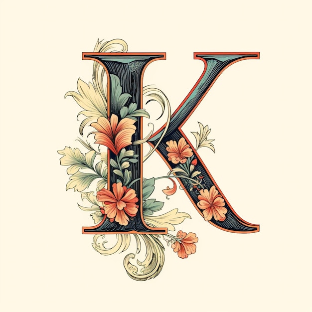 there is a floral letter k with a floral design on it generative ai