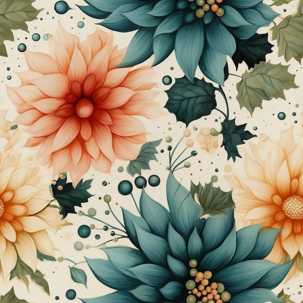 there is a floral pattern with blue and orange flowers on a white background generative ai