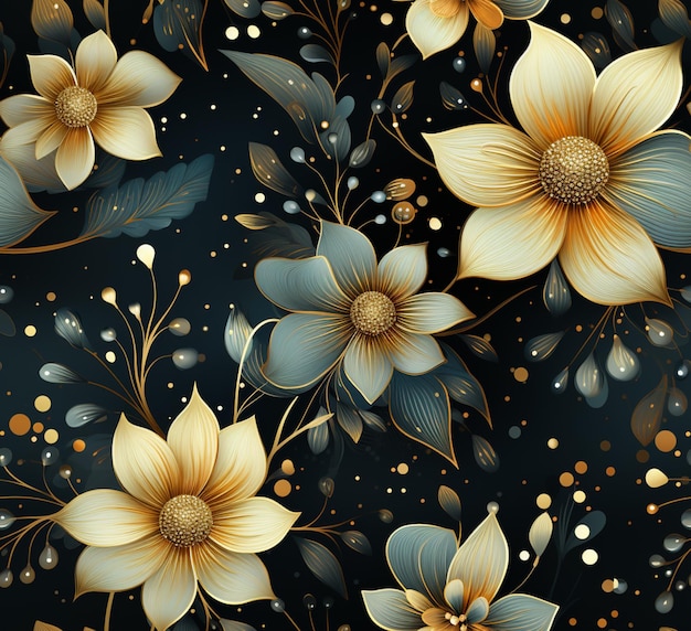 there is a floral pattern with gold and blue flowers on a black background generative ai