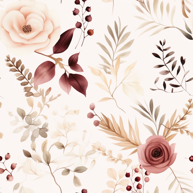 there is a floral pattern with leaves and flowers on a white background generative ai