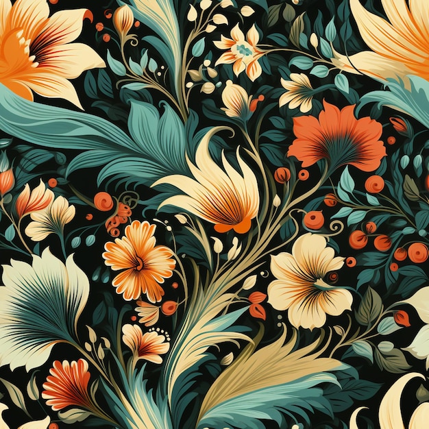 검은색 배경에 오렌지색과 파란색 꽃이 있는 꽃 패턴이 있습니다.
