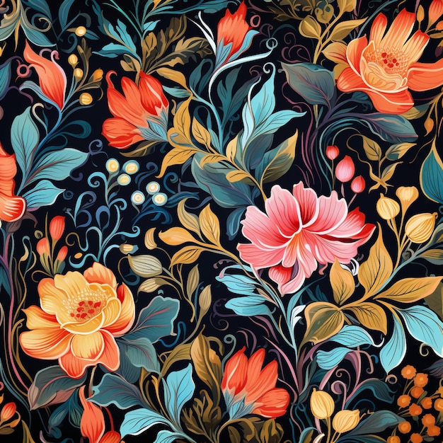 There is a floral pattern with orange and blue flowers on a black background generative ai