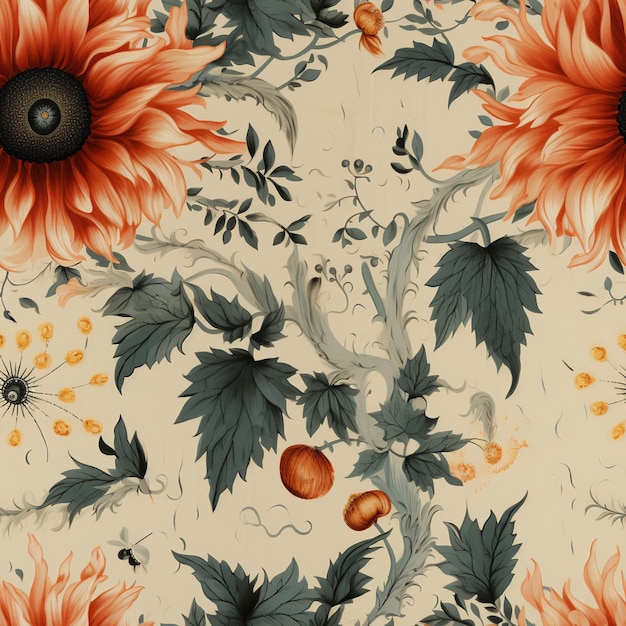 there is a floral pattern with orange flowers and green leaves generative ai