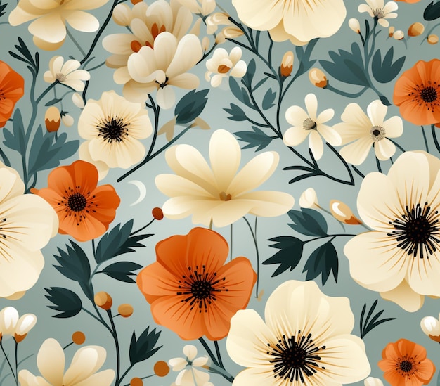 there is a floral pattern with orange and white flowers on a blue background generative ai