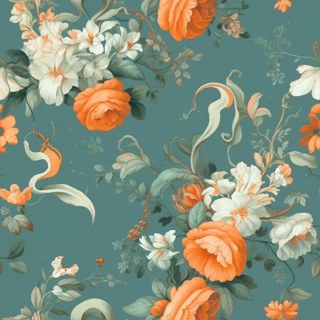 There is a floral pattern with orange and white flowers on a blue background generative ai