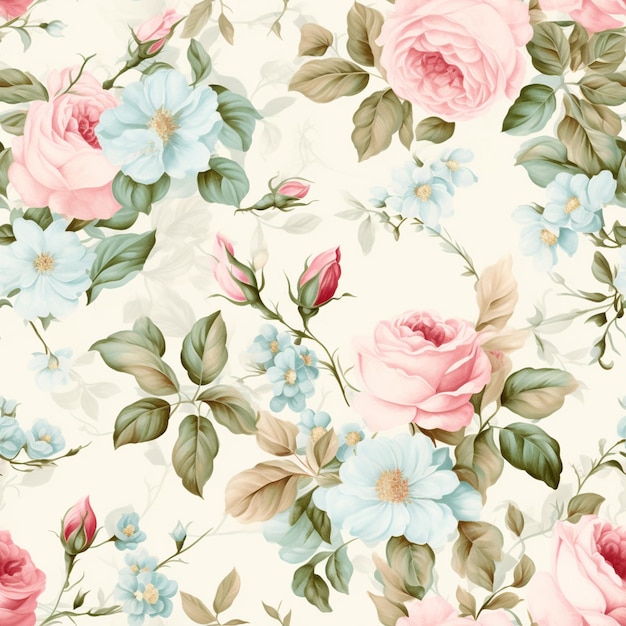 Photo there is a floral pattern with pink and blue flowers on a white background. generative ai.