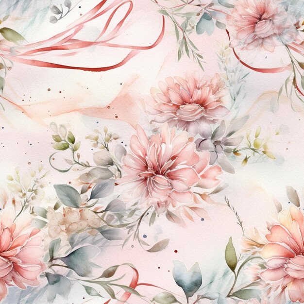 Photo there is a floral pattern with pink flowers and green leaves generative ai