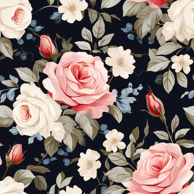 There is a floral pattern with pink roses on a black background generative ai