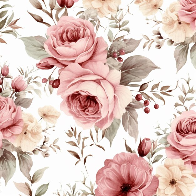 there is a floral pattern with pink roses on a white background generative ai