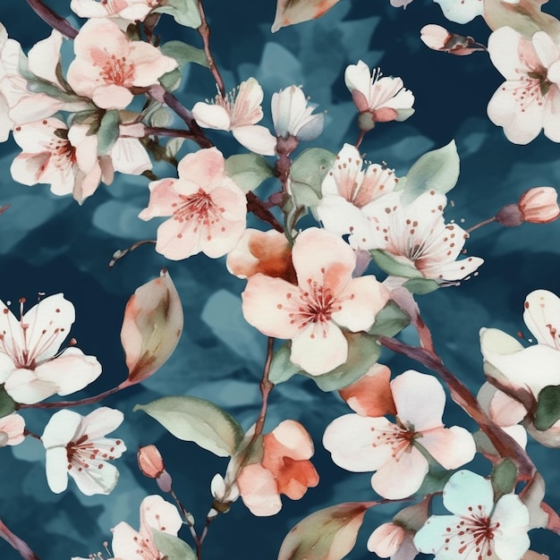 There is a floral pattern with pink and white flowers on a blue background generative ai