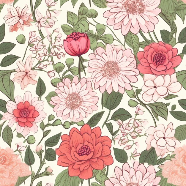 Photo there is a floral pattern with pink and white flowers on a white background generative ai