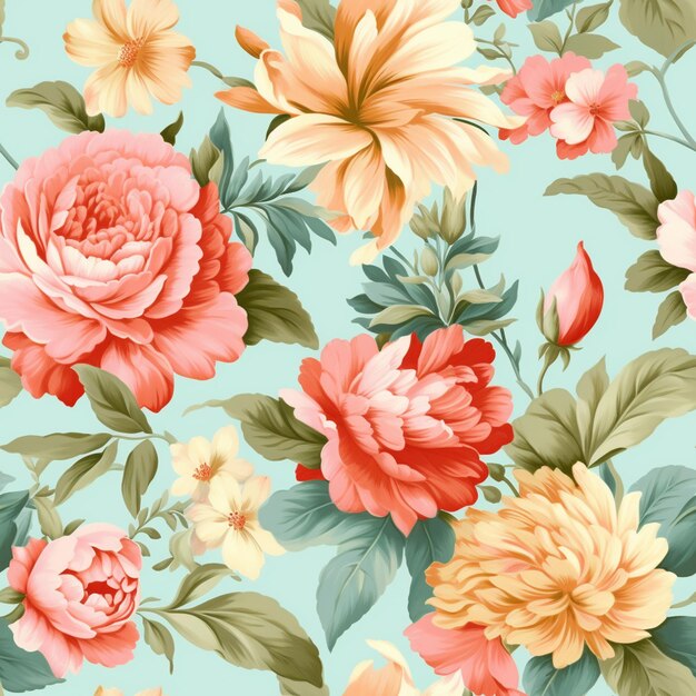 There is a floral pattern with pink and yellow flowers on a blue background generative ai