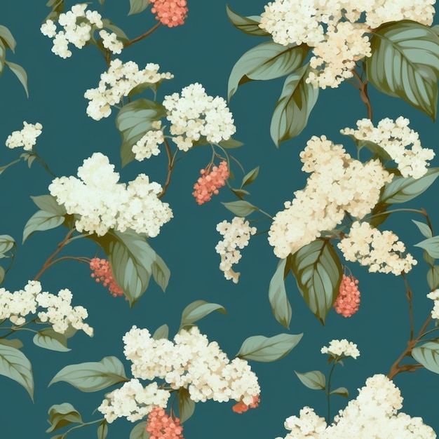 There is a floral pattern with white and red flowers on a blue background generative ai