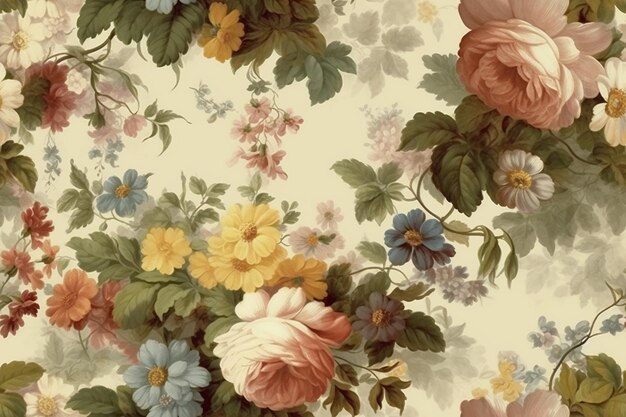 there is a floral wallpaper with many different flowers on it generative ai