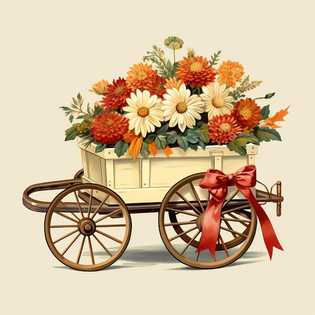 there is a flower arrangement in a wagon with a bow generative ai