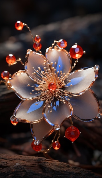 there is a flower brooch with red beads on it generative ai