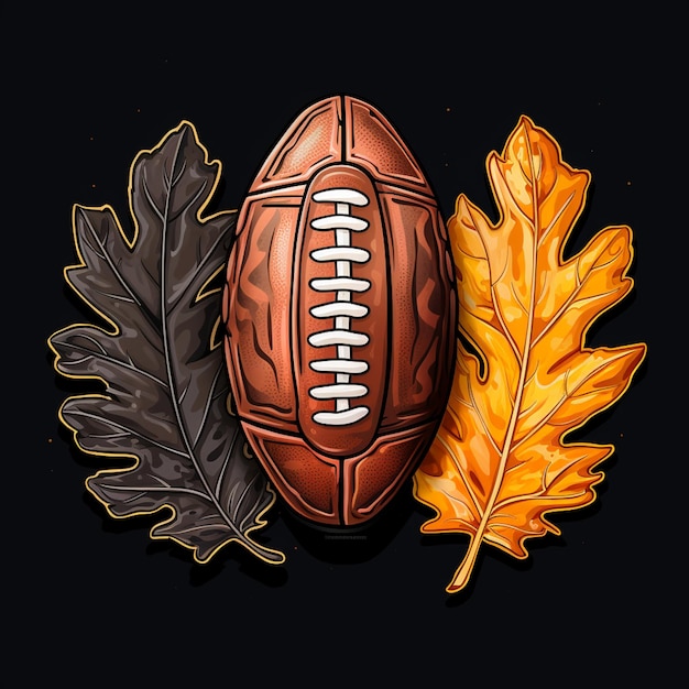 there is a football and a leaf on a black background generative ai