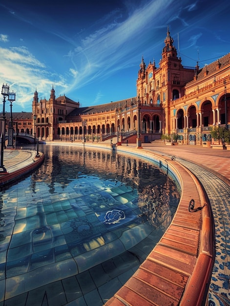 there is a fountain in the middle of a plaza with a building in the background generative ai