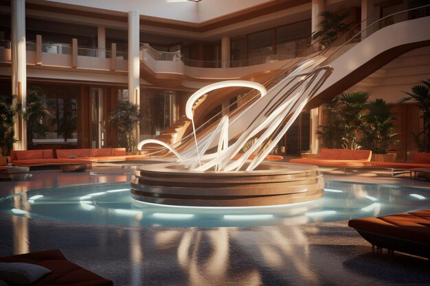 there is a fountain in the middle of a pool with a spiral staircase generative ai