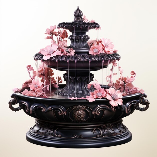 Photo there is a fountain with pink flowers on it and a bird on top generative ai