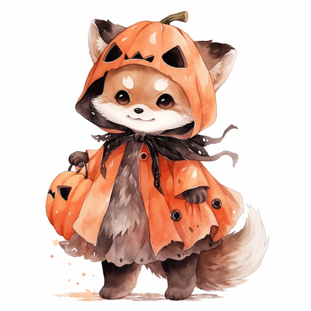 There is a fox dressed up as a pumpkin with a hat and a cape generative ai