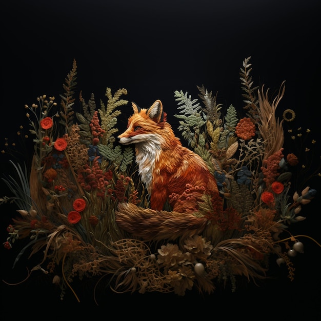 there is a fox sitting in a field of flowers and plants generative ai