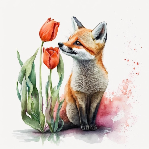 狐が花と植物の隣に座っている