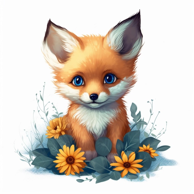 there is a fox sitting in the grass with flowers and leaves generative ai