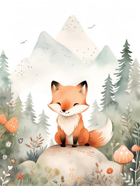 Photo there is a fox sitting on a rock in the woods generative ai