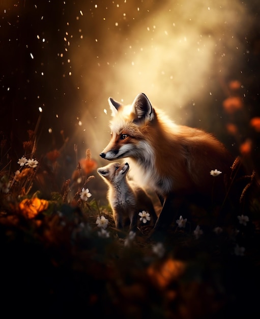 Photo there is a fox that is sitting in the grass with flowers generative ai
