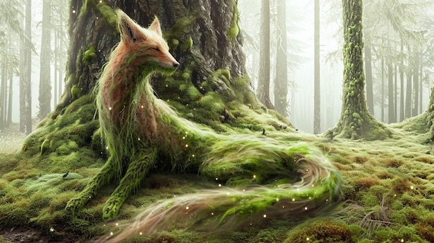 there is a fox that is sitting on a moss covered tree generative ai