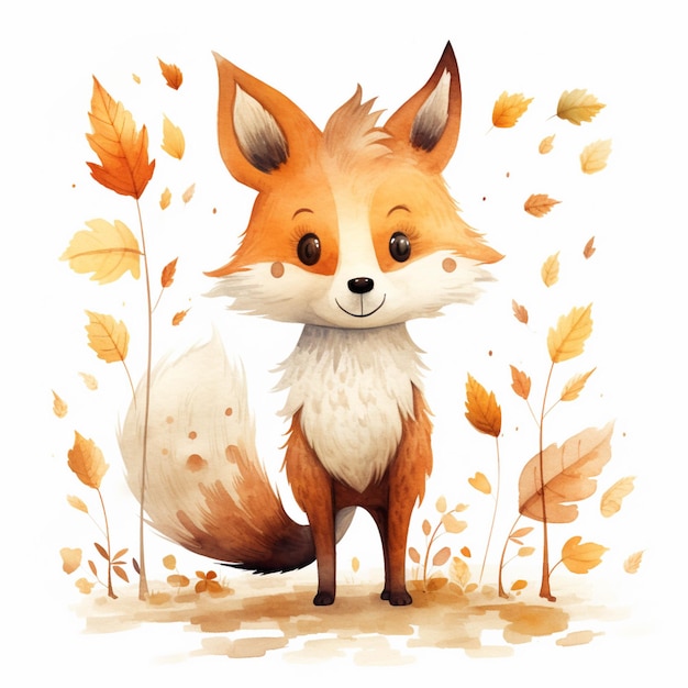 There is a fox that is standing in the grass with leaves generative ai