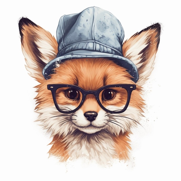 There is a fox wearing a hat and glasses on a white background generative ai