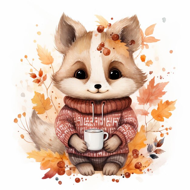 There is a fox wearing a sweater and holding a cup of coffee generative ai