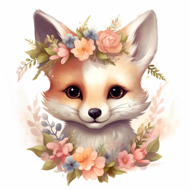 there is a fox with a flower crown on its head generative ai