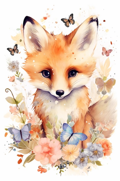 There is a fox with flowers and butterflies in the background generative ai