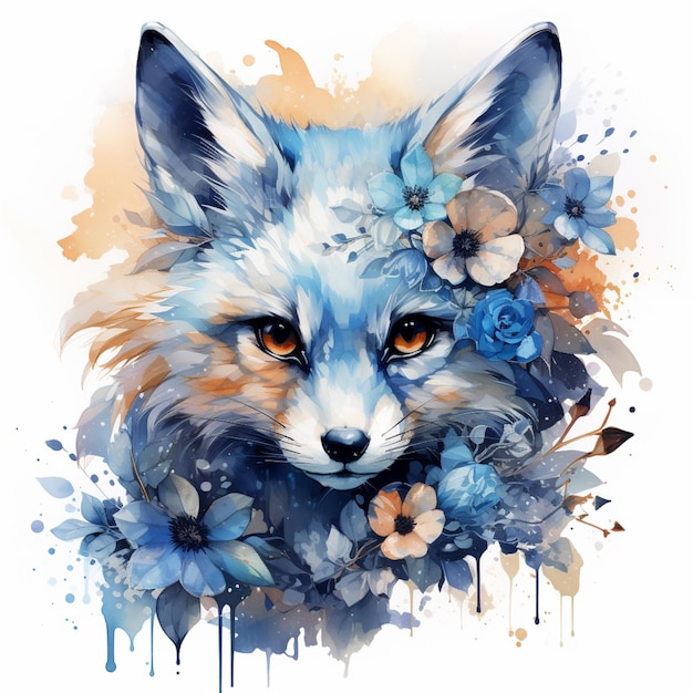 There is a fox with flowers on its head and a blue flower crown generative ai