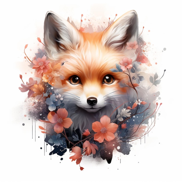 There is a fox with flowers on its head and a white background generative ai