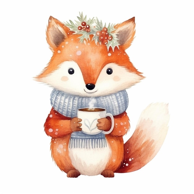 there is a fox with a scarf and a cup of coffee generative ai