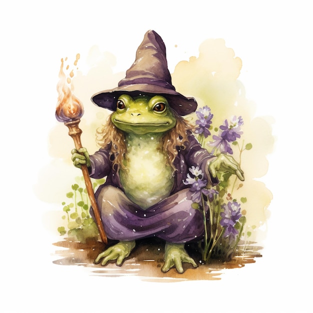 Photo there is a frog dressed as a witch with a broom and a hat generative ai