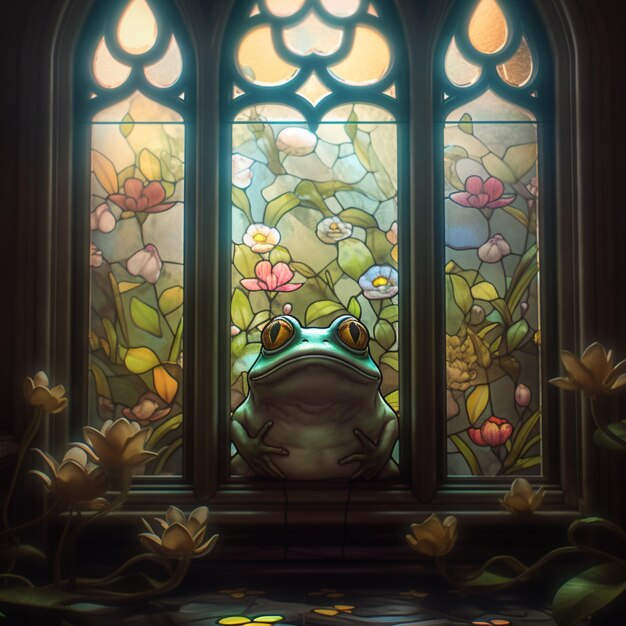 there is a frog sitting in front of a stained glass window generative ai