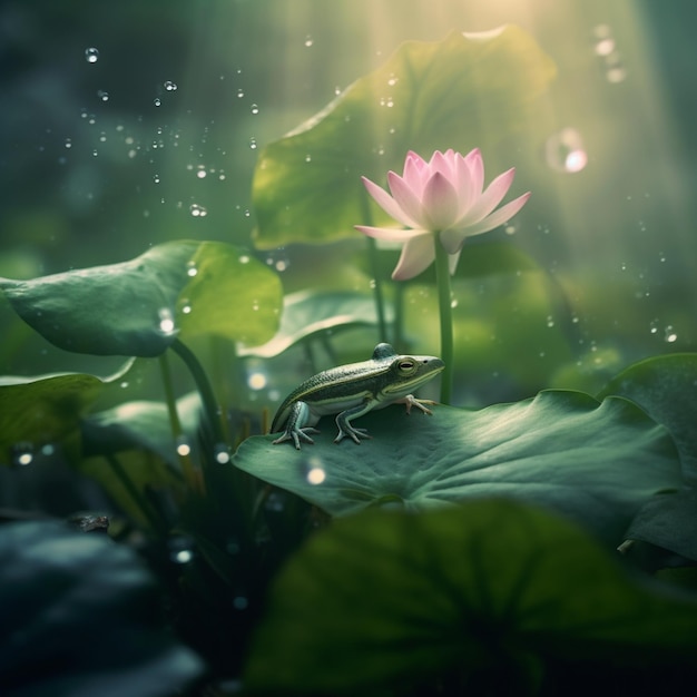 There is a frog sitting on a leaf next to a flower generative ai