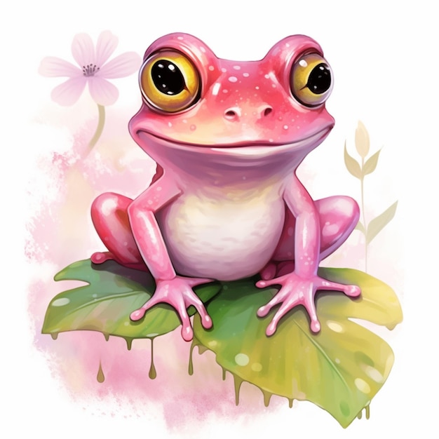 there is a frog sitting on a leaf with a flower in the background generative ai