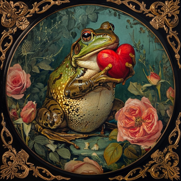 there is a frog that is holding a red apple in its mouth generative ai