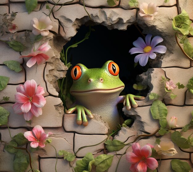 Foto c'è una rana che sta guardando fuori da un buco in un muro generativo ai